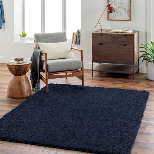 SOSO Round Shaggy Solid Color Plush Pile Dark Blue Area Rug Roomscene