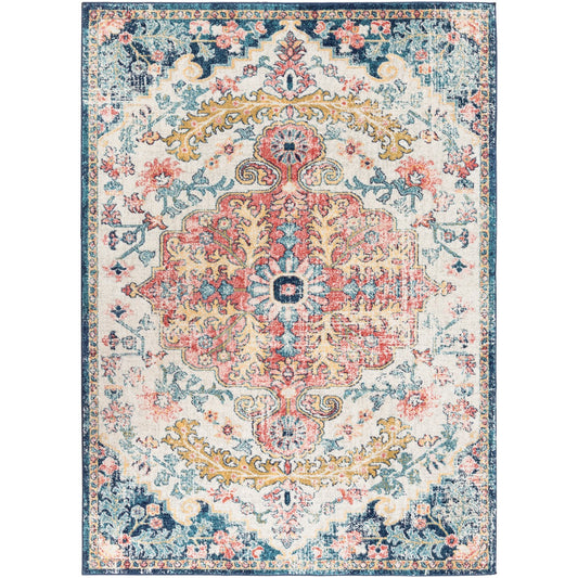 MAVERICK Vintage Traditional Oriental Boho Sky Blue/Garnet Area Rug Flat