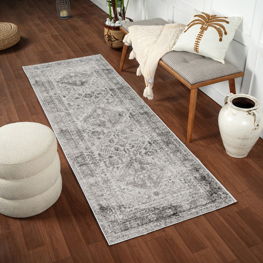NEELAM Vintage Traditional Oriental Boho Light Grey/White/Charcoal Area Rug Roomscene