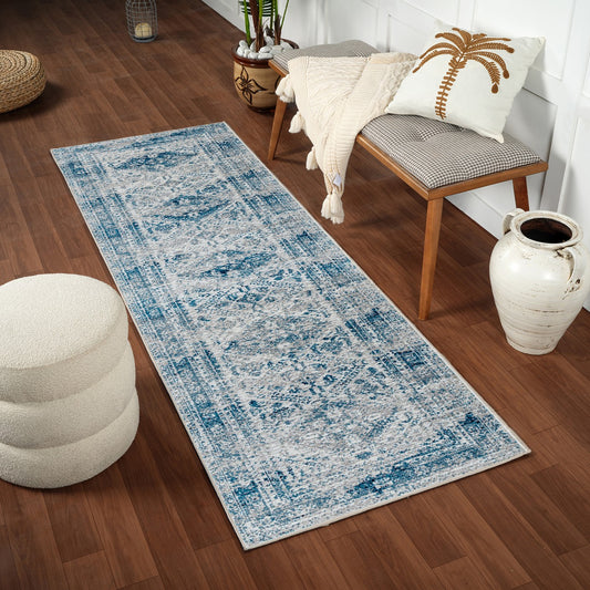 NEELAM Vintage Traditional Oriental Boho Sky Blue/Light Grey/White/Navy Area Rug Roomscene