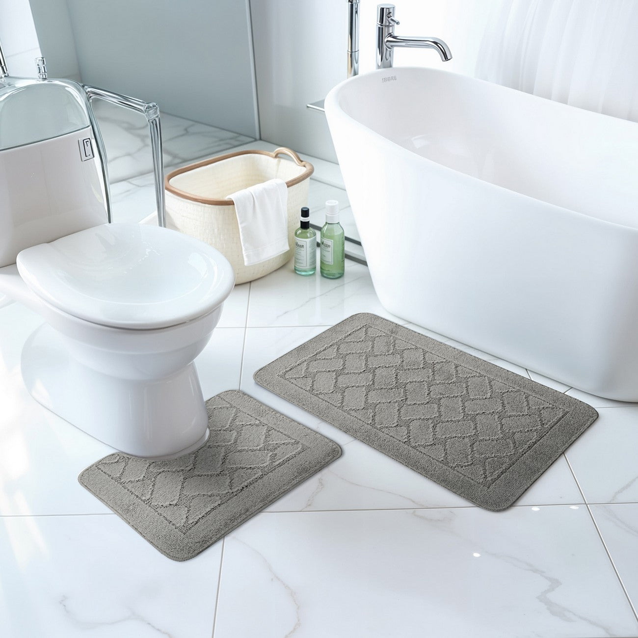 NILAH 2 Piece Machine Washable Non-Slip Light Grey Bathroom Rug Set Roomscene