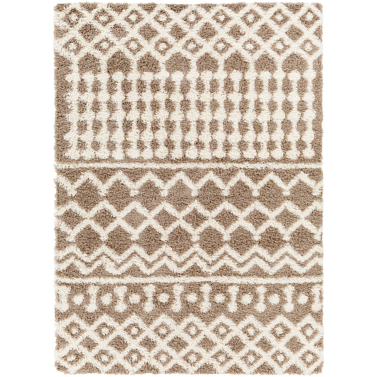 NOUR Shaggy Geometric Plush Pile Taupe Area Rug Flat