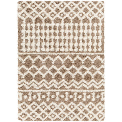 NOUR Shaggy Geometric Plush Pile Taupe Area Rug Flat