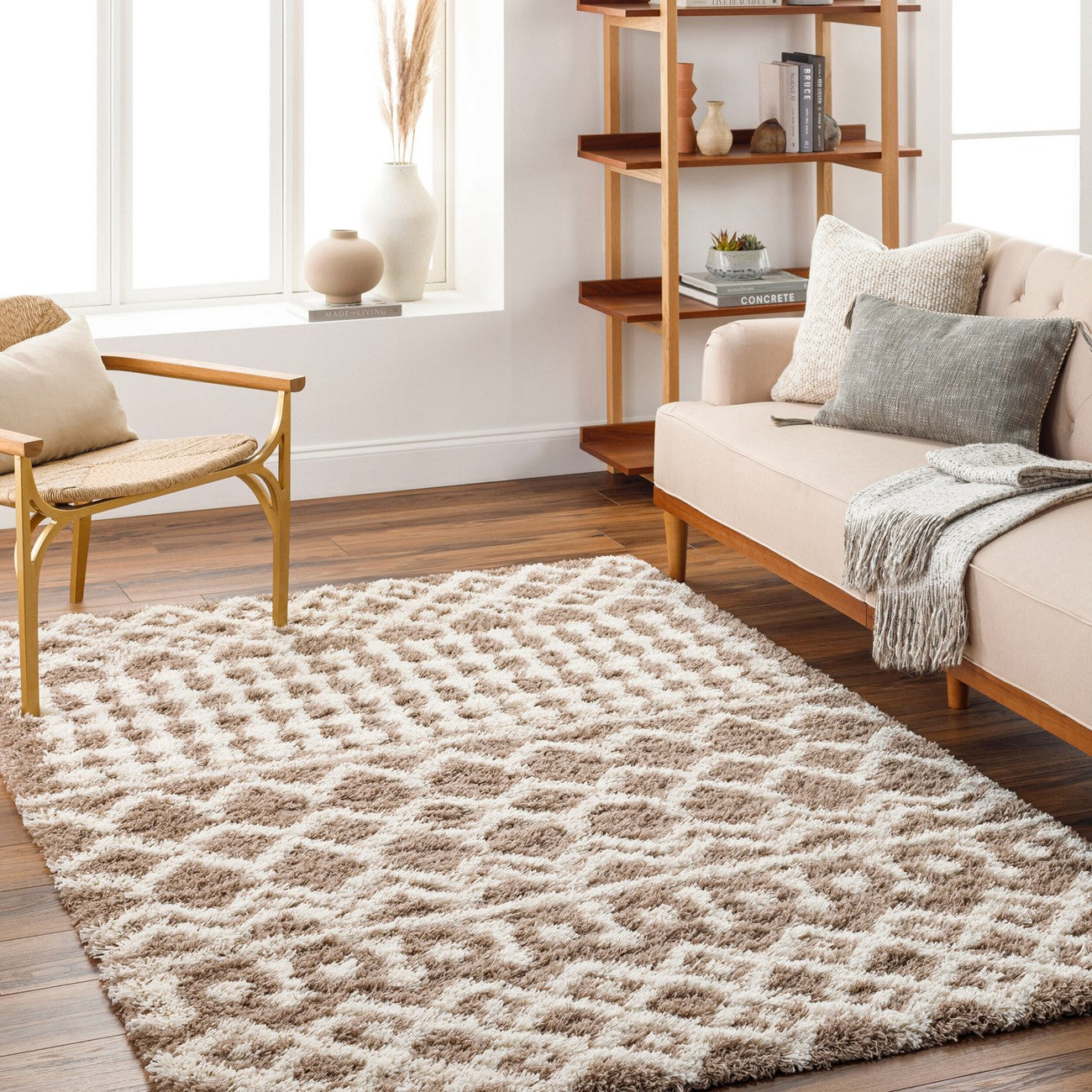 NOUR Shaggy Geometric Plush Pile Taupe Area Rug Roomscene