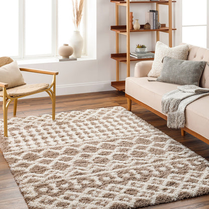 NOUR Shaggy Geometric Plush Pile Taupe Area Rug Roomscene