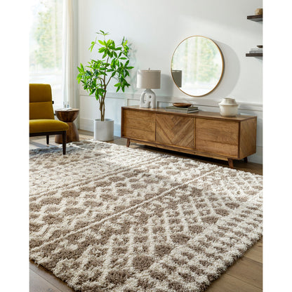 NOUR Shaggy Geometric Plush Pile Taupe Area Rug Roomscene