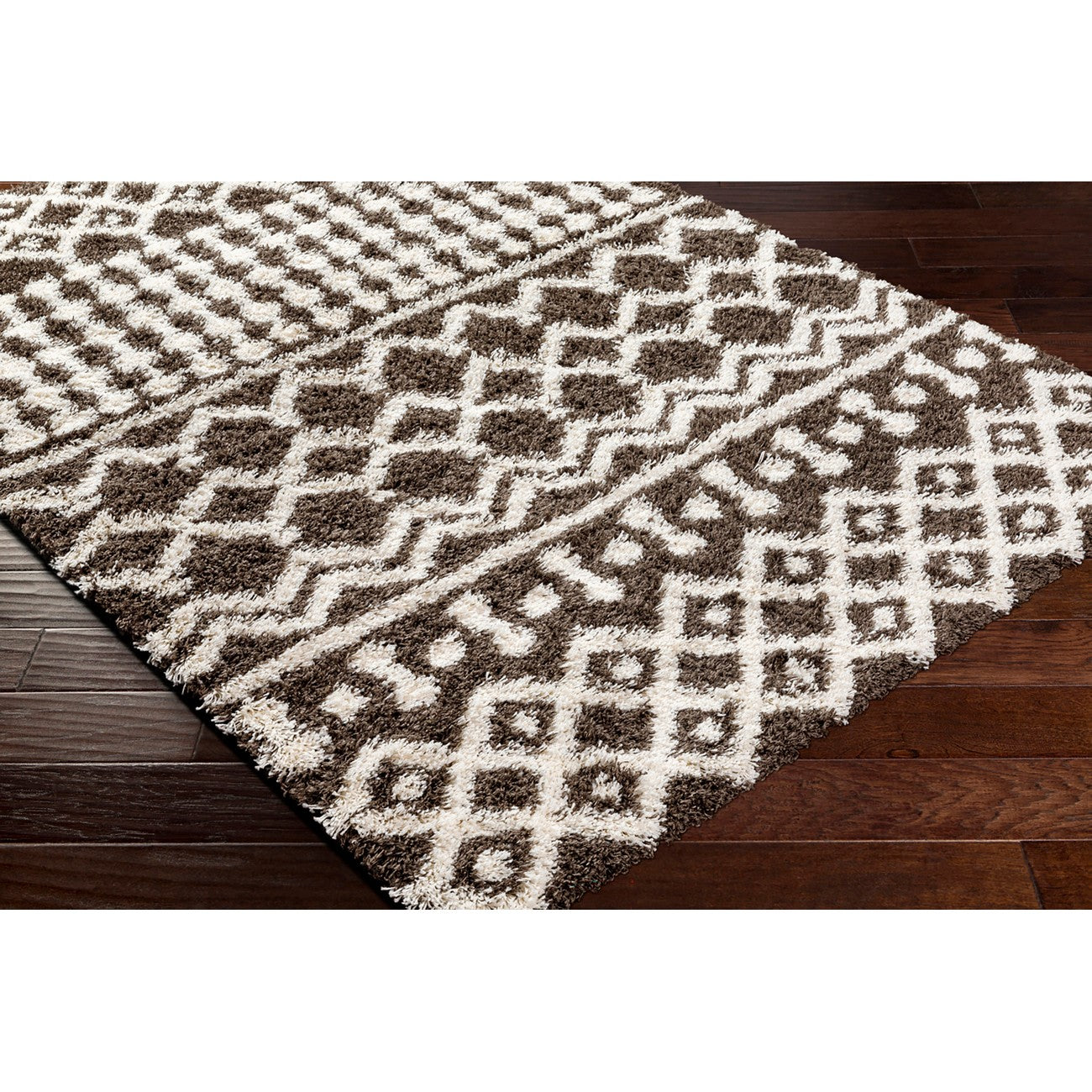 NOUR Shaggy Geometric Plush Pile Taupe Area Rug Corner