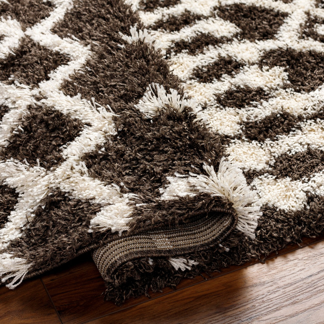 NOUR Shaggy Geometric Plush Pile Taupe Area Rug Fold