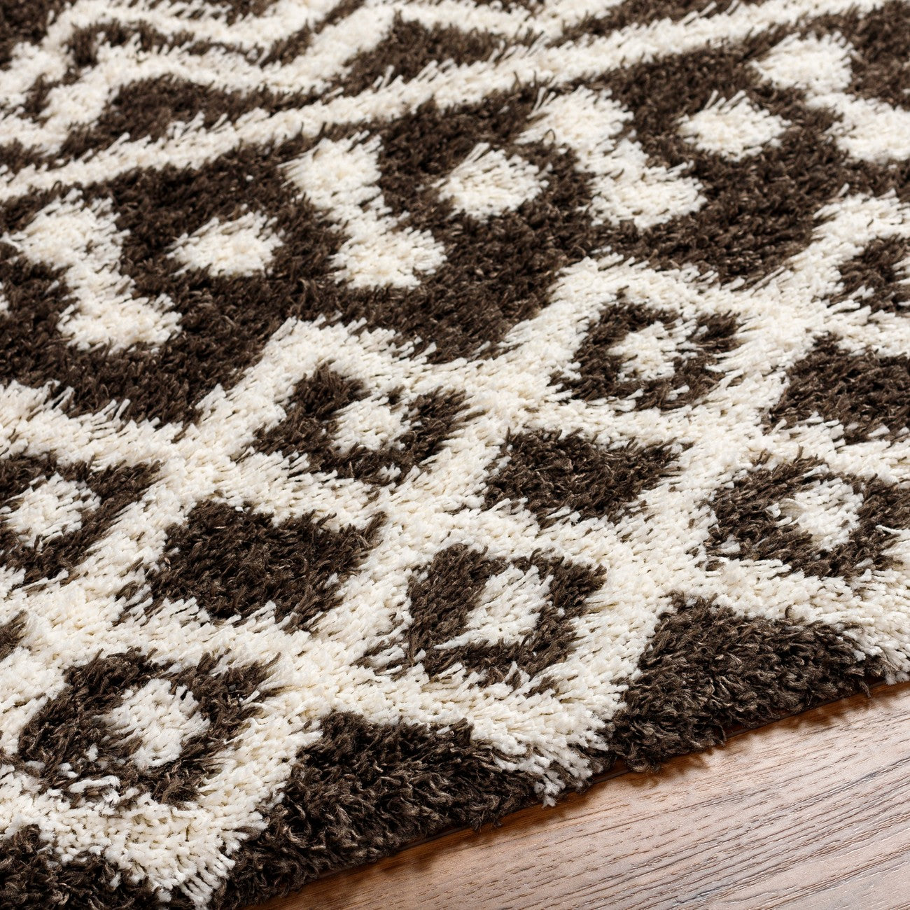 NOUR Shaggy Geometric Plush Pile Taupe Area Rug Texture