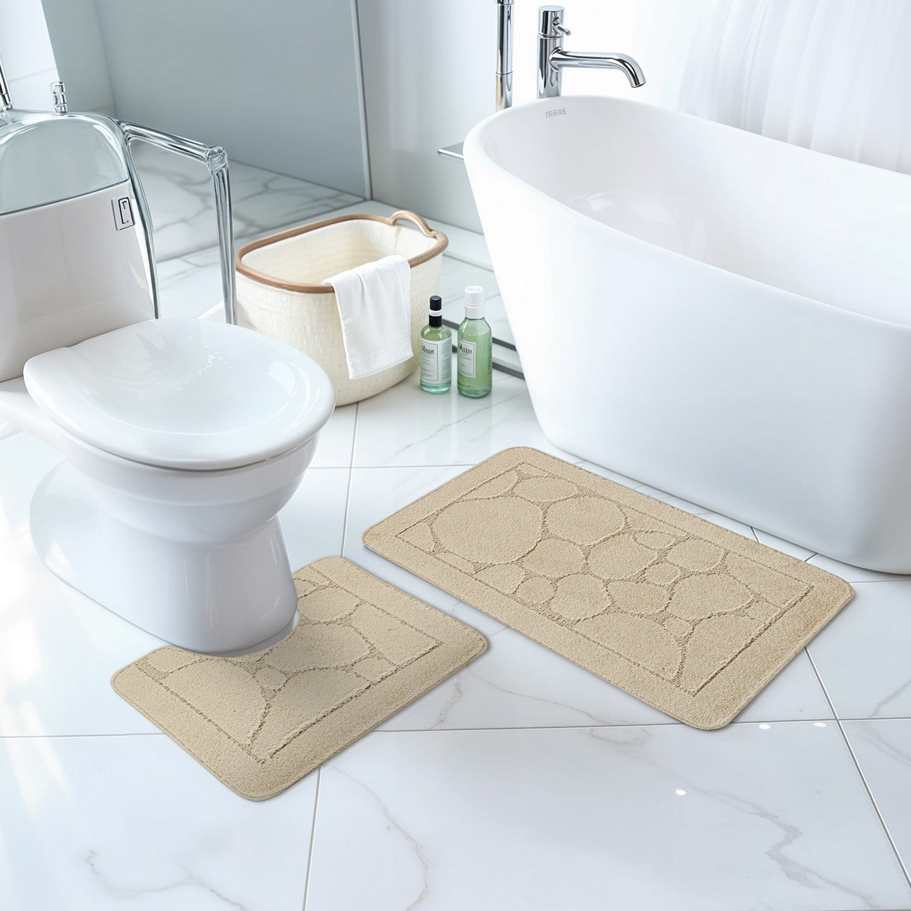 OLIVE 2 Piece Machine Washable Non-Slip Light Beige Bathroom Rug Set Roomscene