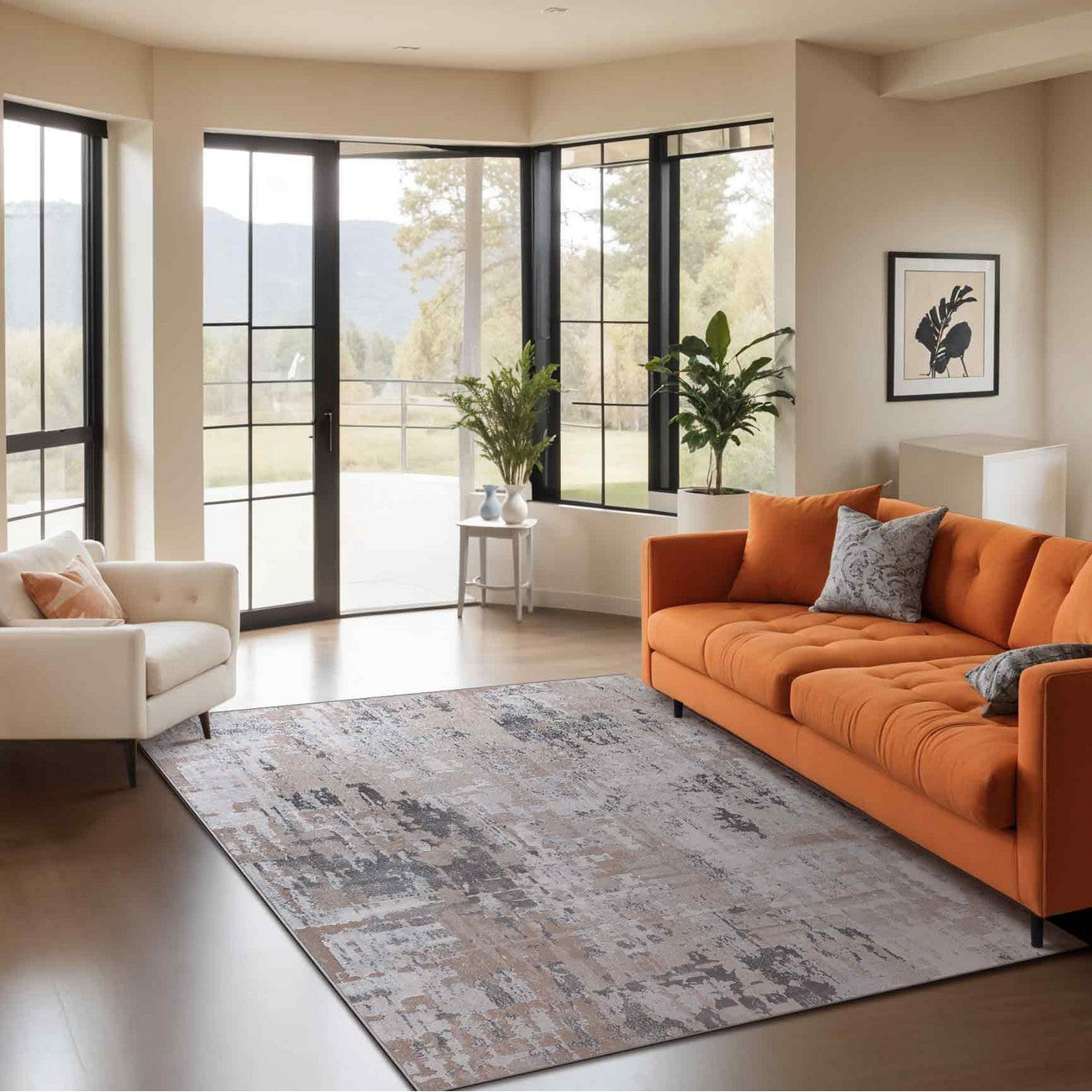 ORGANA Abstract Modern Marble White/Beige Area Rug Roomscene