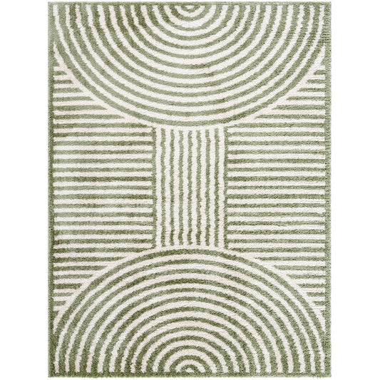 PAULINE Machine Washable Modern Shaggy Grass Green Area Rug Flat