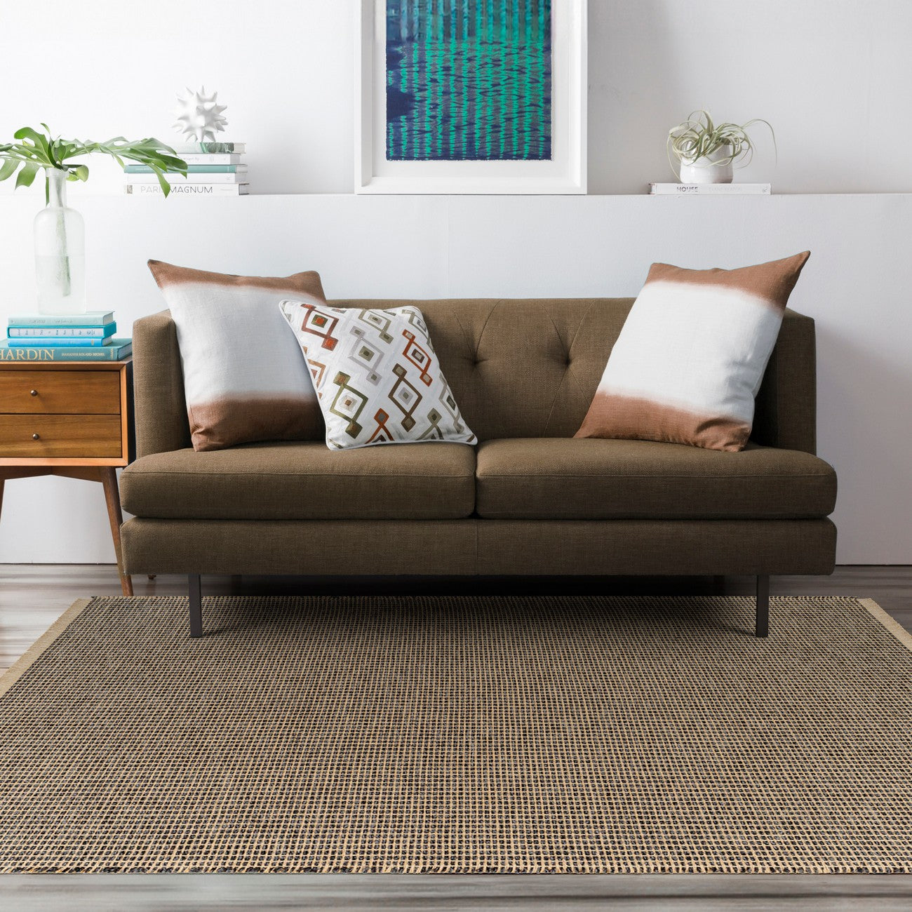 PAVI Becki Owens x Livabliss Solid and Border Charcoal Jute Area Rug Roomscene