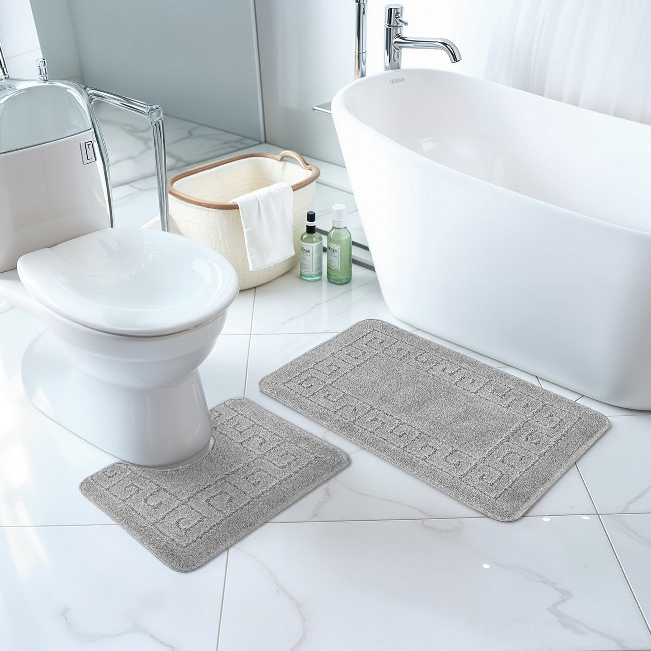 POPPY Piece Machine Washable Non-Slip Grey Bathroom Rug Set Grey