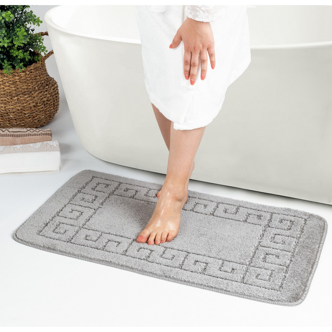 POPPY Piece Machine Washable Non-Slip Grey Bathroom Rug Set Grey