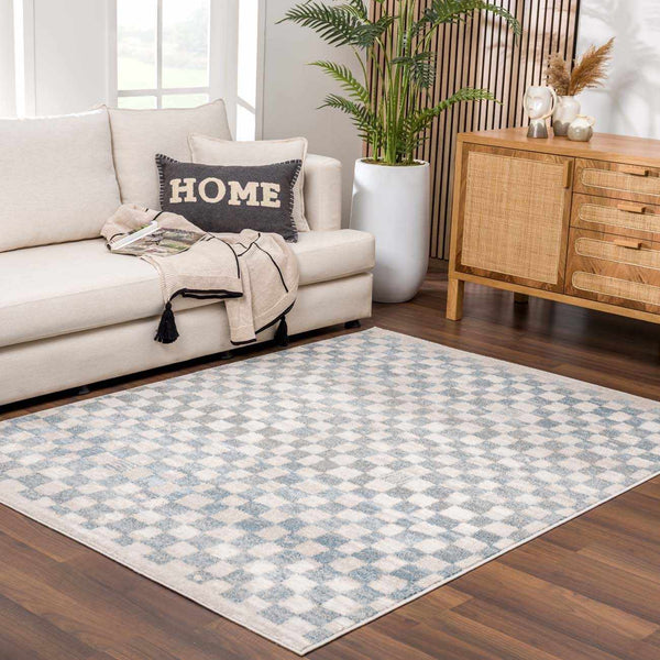 Benjy Cream & Light Blue Checkered Area Rug