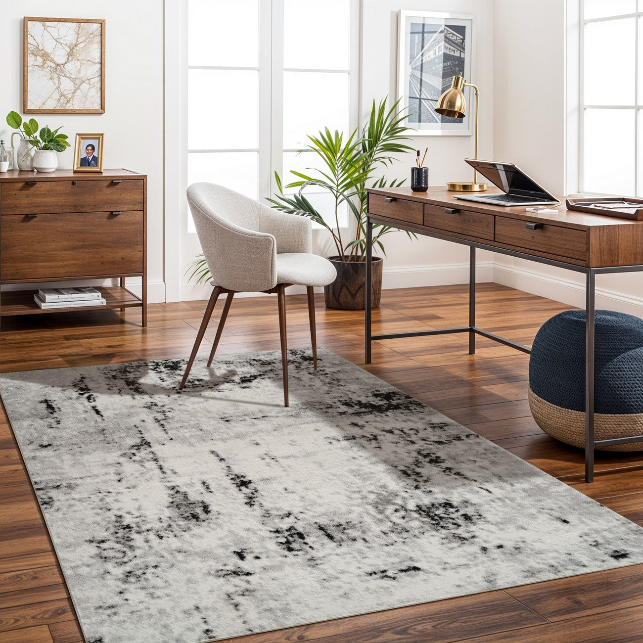 NATALIA Abstract Modern Marble Light Grey Area Rug Roomscene
