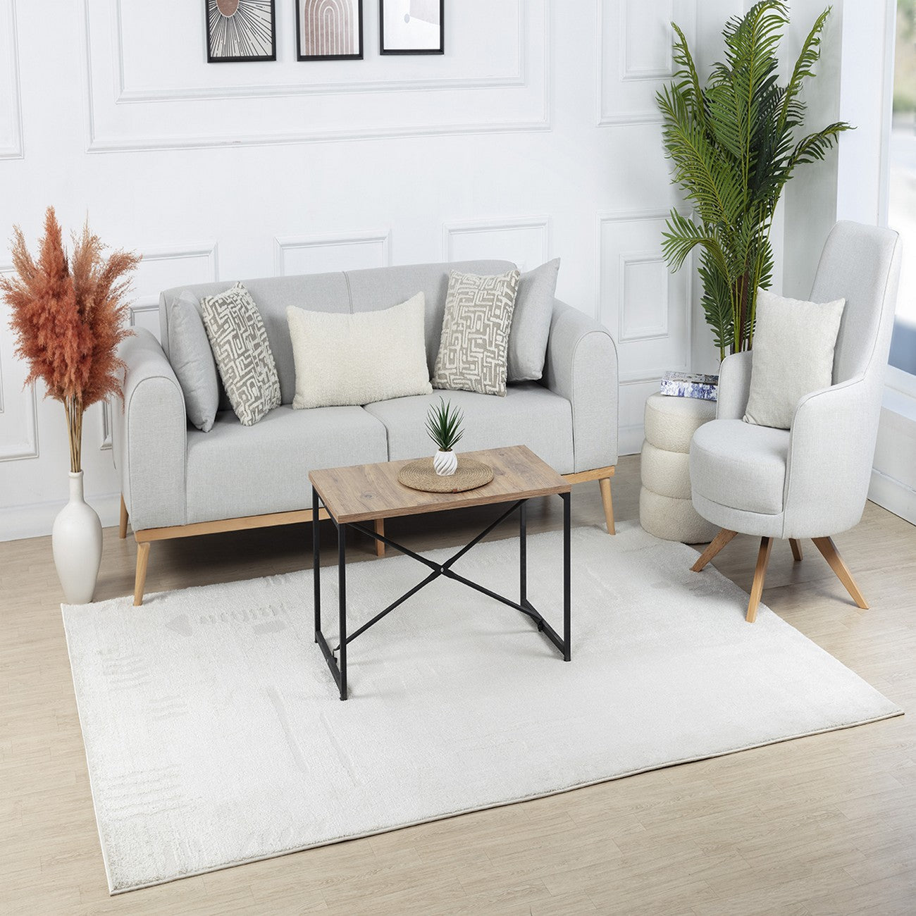 RITA Scandi Modern High Pile Ivory/Off-White Area Rug Roomscene