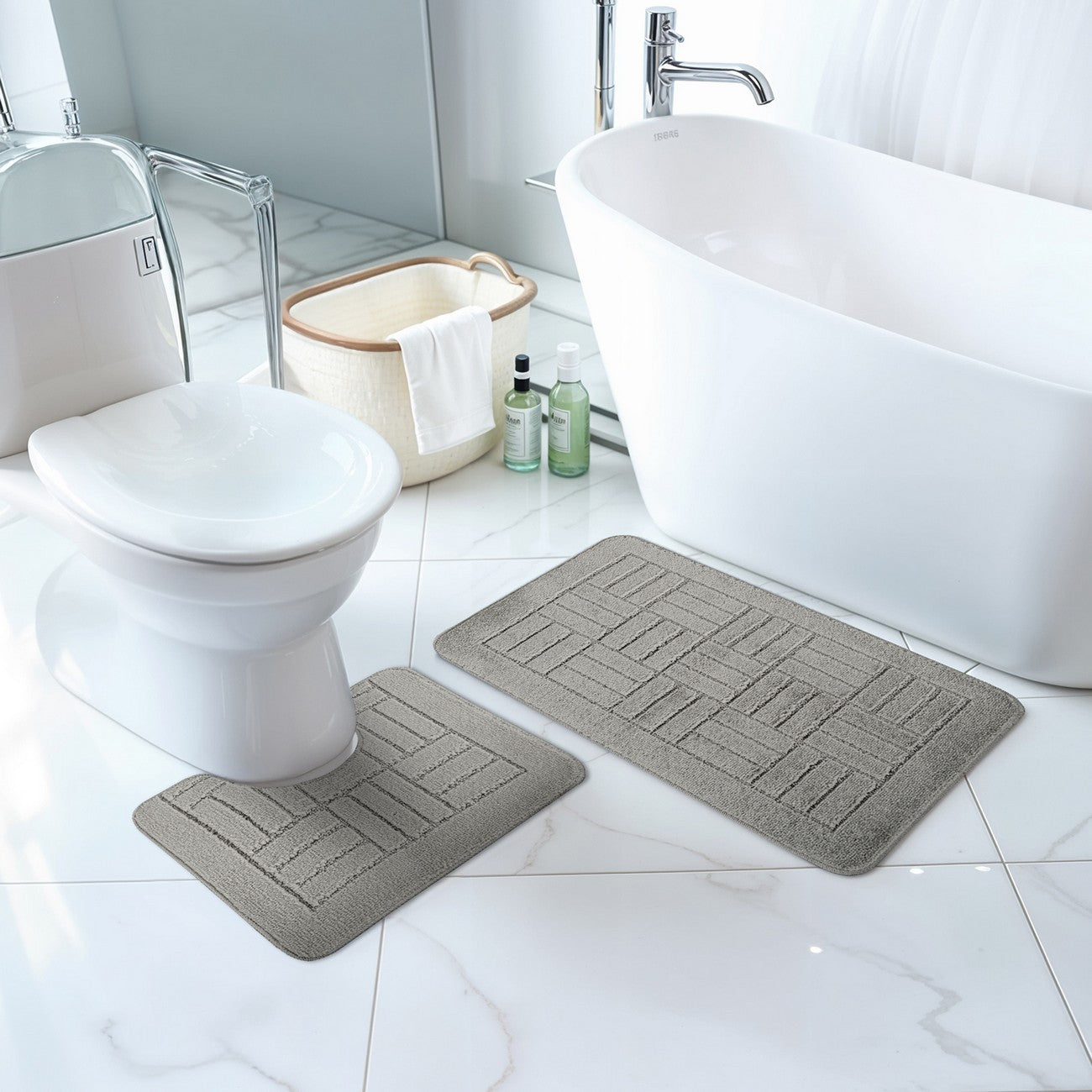 ROYAL 2 Piece Machine Washable Non-Slip Light Grey Bathroom Rug Set Roomscene