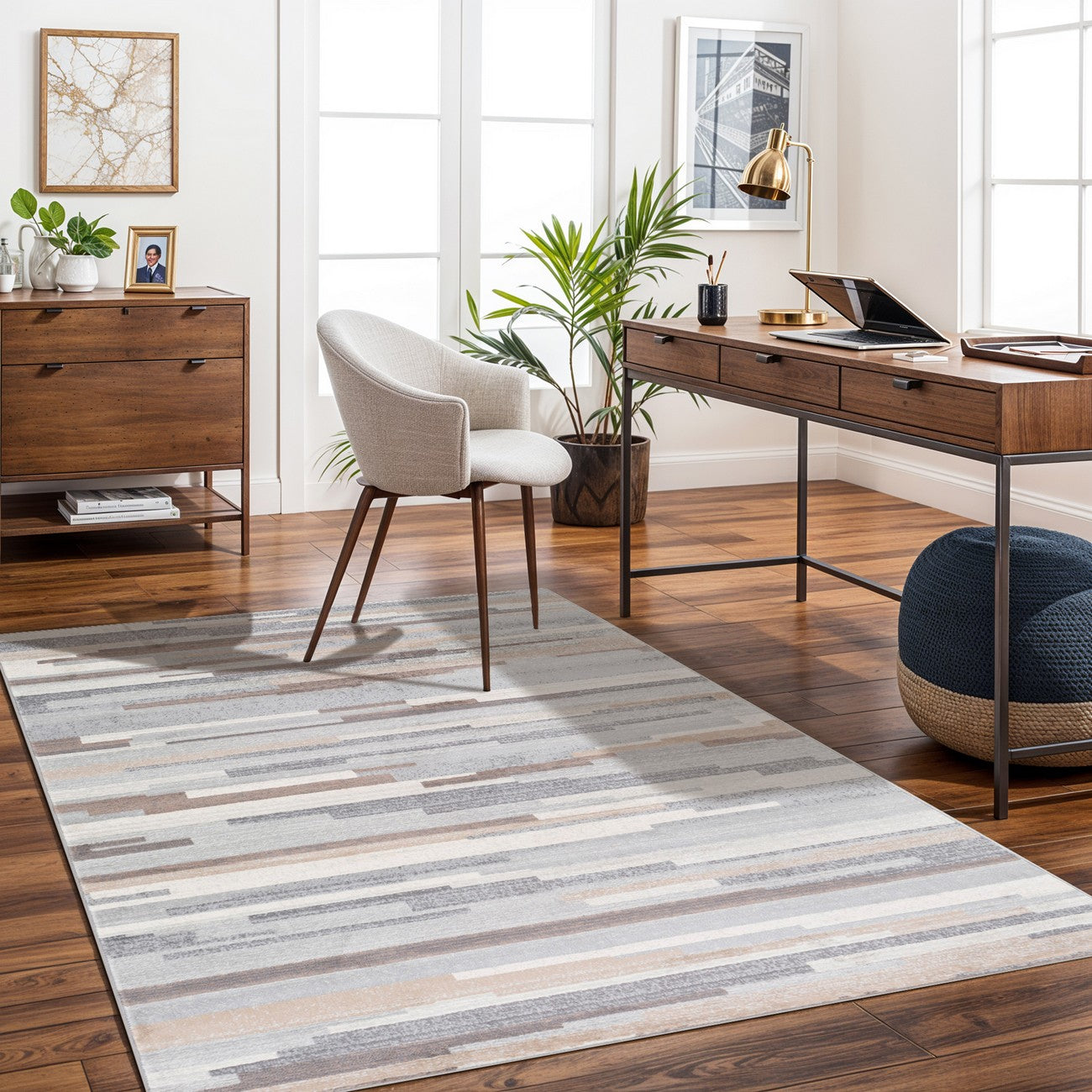 OLIVIA Scandi Modern Medium Grey/Tan/White Area Rug Roomscene