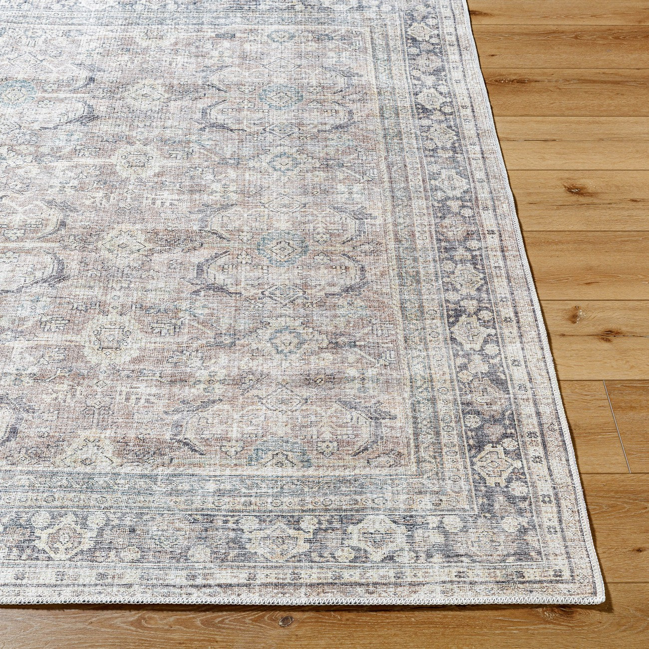 SHALINI Becki Owens x Livabliss Machine Washable Oriental Boho Light Silver Area Rug Front