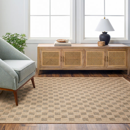 TORI Indoor & Outdoor Cottage Jute-Look Light Brown/Black Checkered Area Rug Roomscene