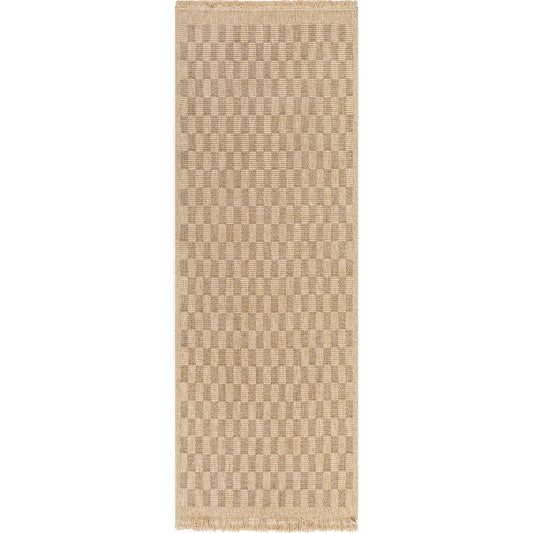TORI Indoor & Outdoor Cottage Jute-Look Light Brown Checkered Area Rug Flat