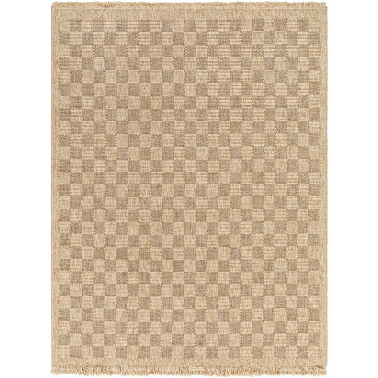 TORI Indoor & Outdoor Cottage Jute-Look Light Brown Checkered Area Rug Flat