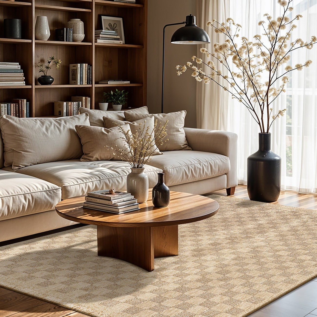 TORI Indoor & Outdoor Cottage Jute-Look Light Brown Checkered Area Rug Roomscene