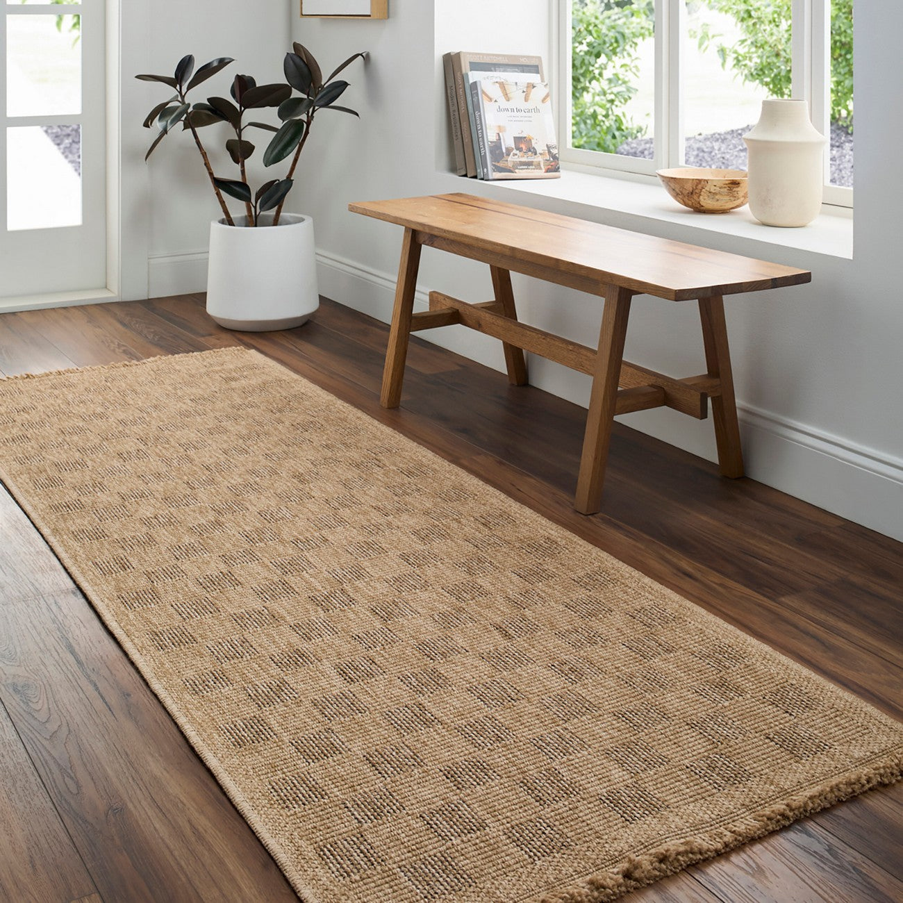 TORI Indoor & Outdoor Cottage Jute-Look Light Brown Checkered Area Rug Roomscene