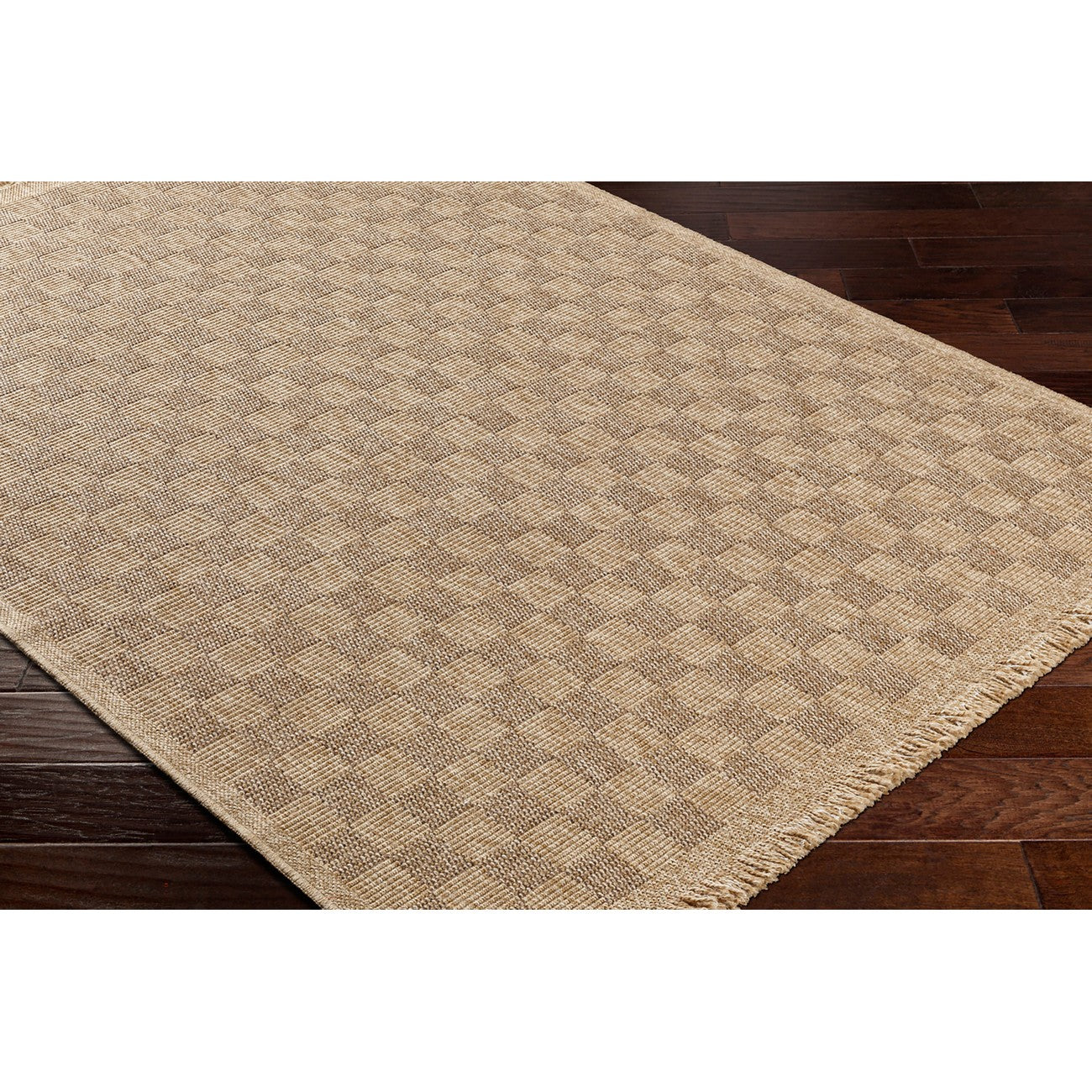 TORI Indoor & Outdoor Cottage Jute-Look Light Brown Checkered Area Rug Corner