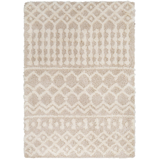 NOUR Shaggy Geometric Plush Pile Cream Beige Area Rug Flat