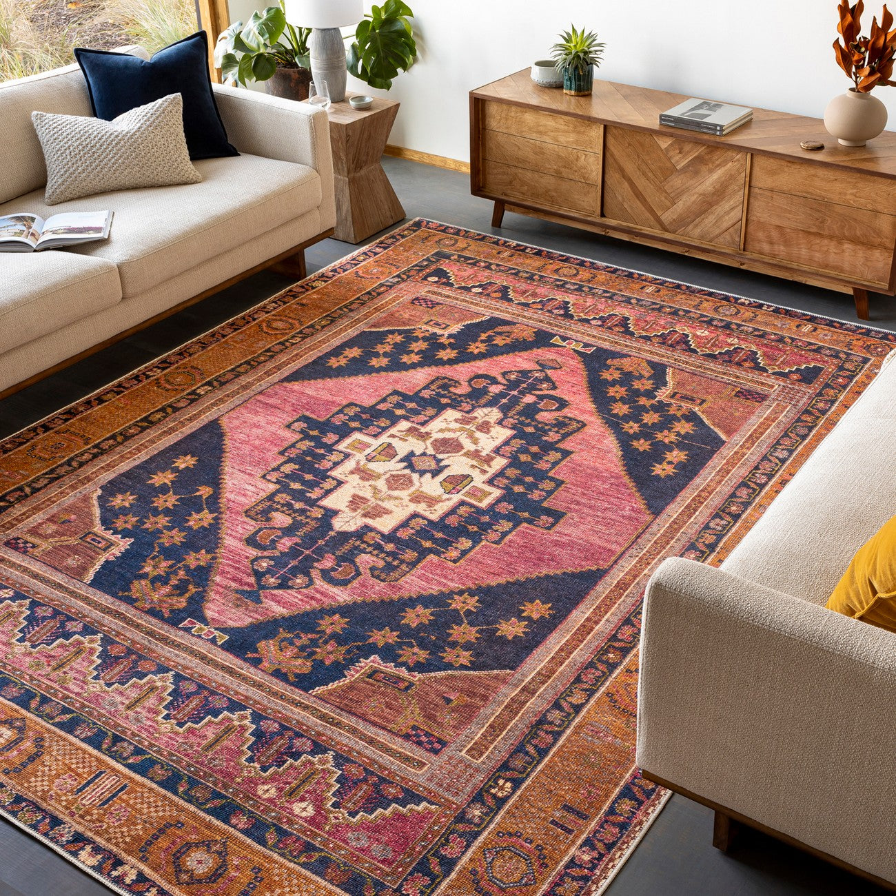 VALENTINA SPRINGS Machine Washable Traditionnal Boho Coral Area Rug