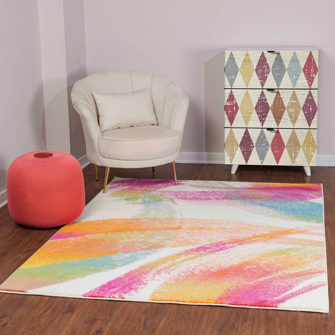 VIOLETA Scandi Modern White/Pink Area Rug Roomscene