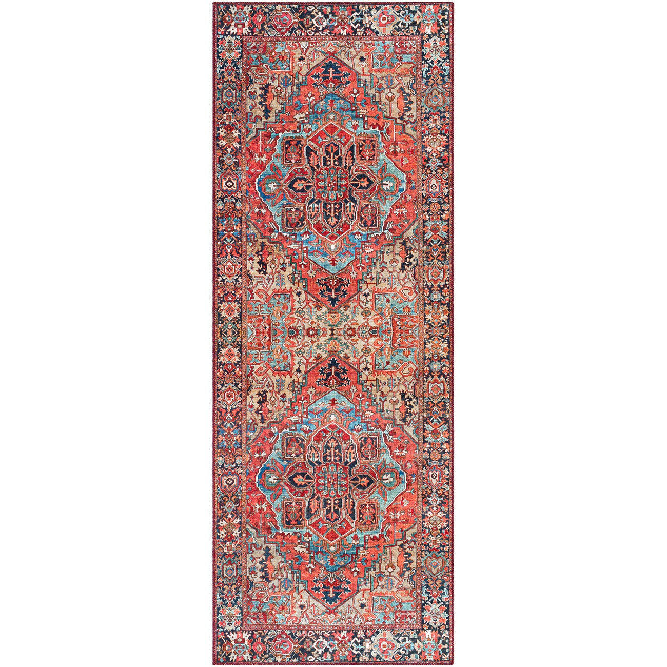 VIORRICA Vintage Oriental Boho Bright Red/Navy/Wheat/Ice Blue/Grass Area Rug Flat