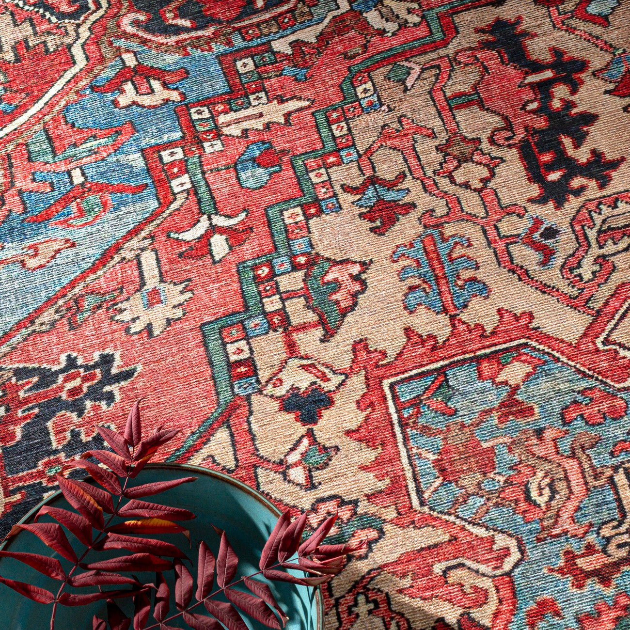 VIORRICA Vintage Oriental Boho Bright Red/Navy/Wheat/Ice Blue/Grass Area Rug Styleshot