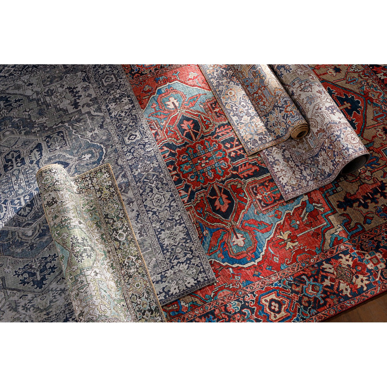 VIORRICA Vintage Oriental Boho Bright Red/Navy/Wheat/Ice Blue/Grass Area Rug Styleshot