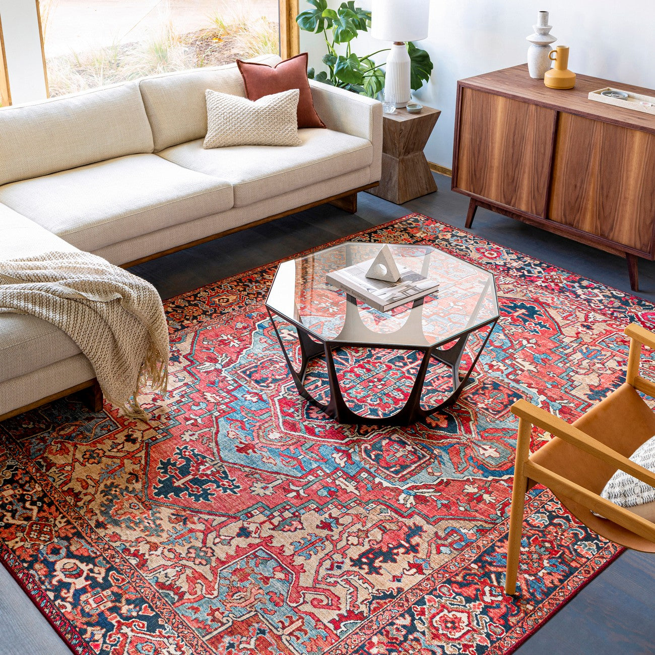 VIORRICA Vintage Oriental Boho Bright Red/Navy/Wheat/Ice Blue/Grass Area Rug Roomscene