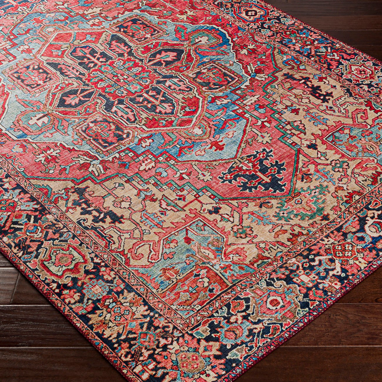 VIORRICA Vintage Oriental Boho Bright Red/Navy/Wheat/Ice Blue/Grass Area Rug Corner
