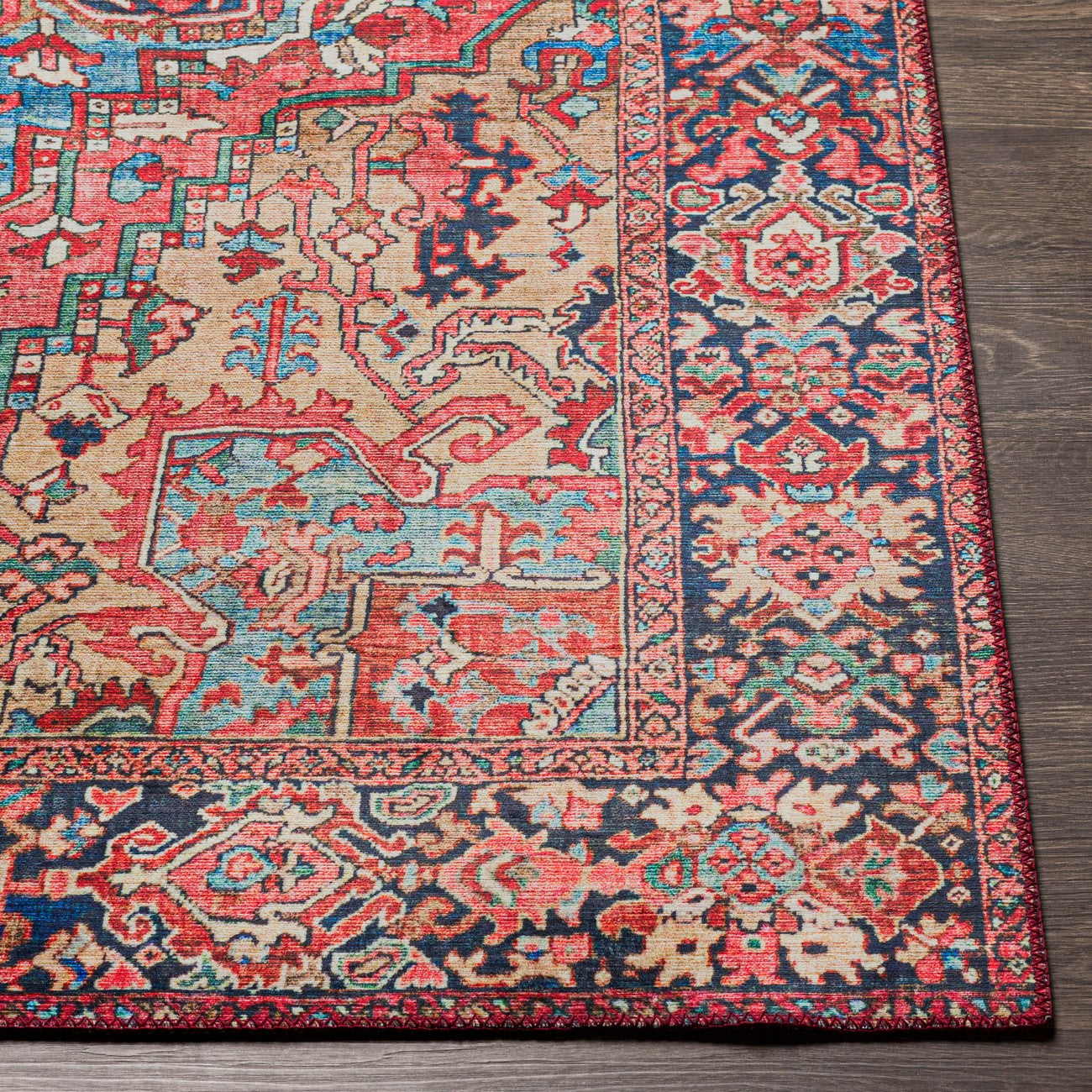 VIORRICA Vintage Oriental Boho Bright Red/Navy/Wheat/Ice Blue/Grass Area Rug Front
