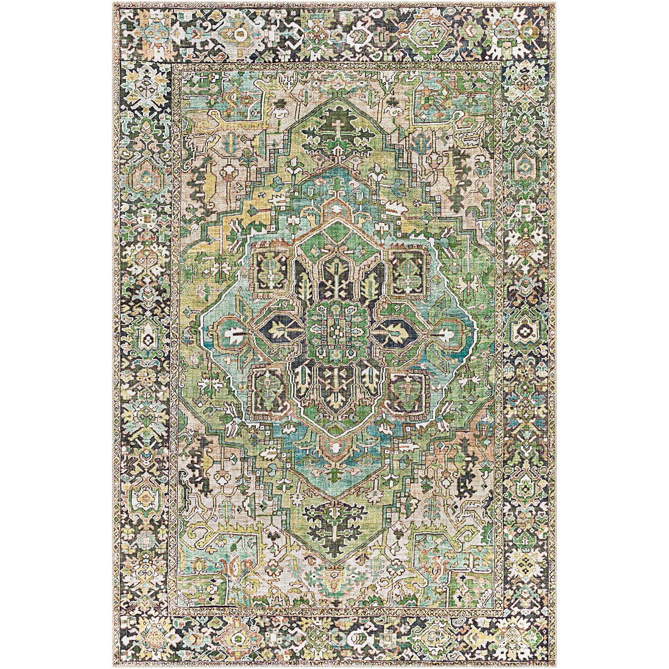 VIORRICA Vintage Oriental Boho Dark Green Area Rug Flat
