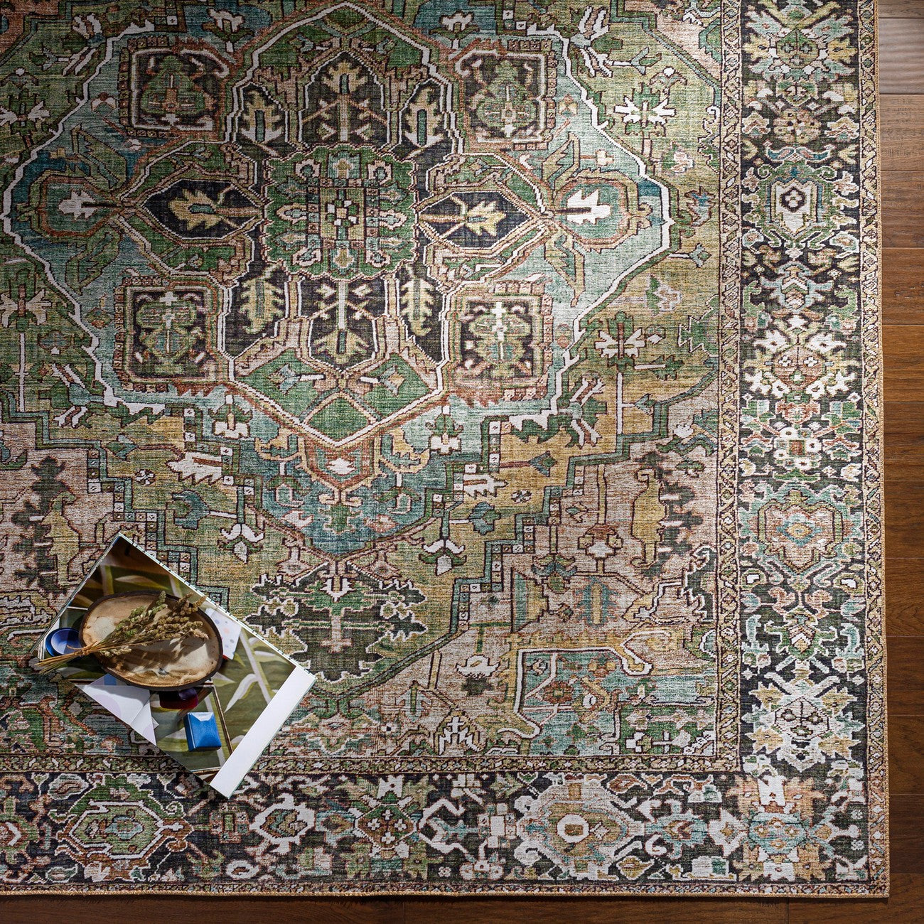 VIORRICA Vintage Oriental Boho Dark Green Area Rug Styleshot