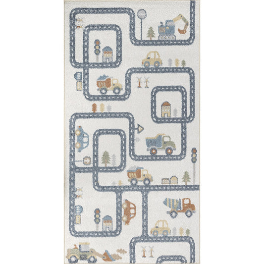 VROOMVILLE City Road Rug - Machine Washable Beige/Grey Kids Room Rug Flat