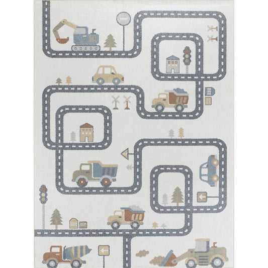 VROOMVILLE City Road Rug - Machine Washable Beige/Grey Kids Room Rug Flat
