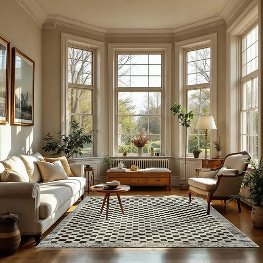 EKTA Scandi Modern High Pile Ivory/Black Checkered Area Rug