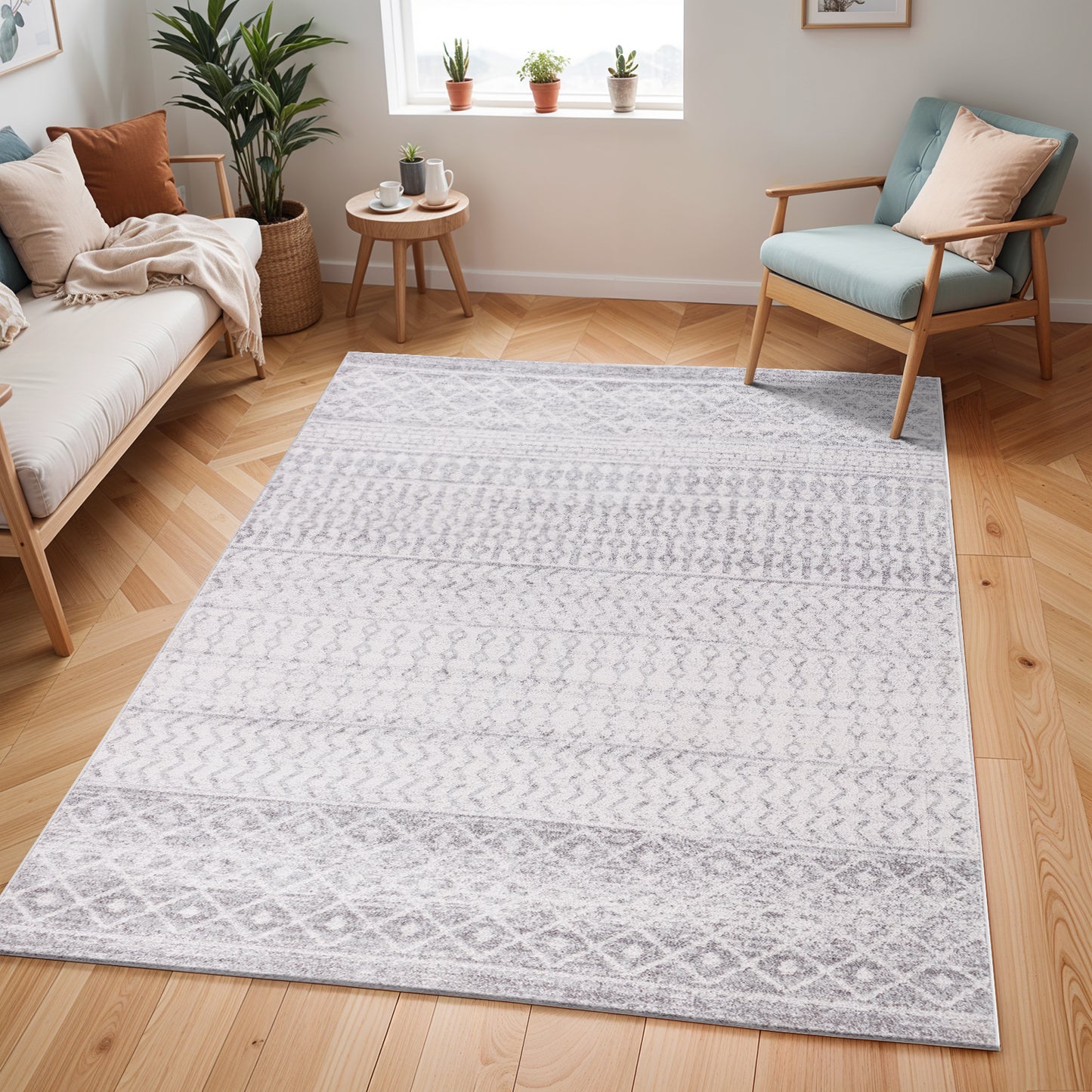 MILA Scandi Geometric Light Grey/White Area Rug Roomscene