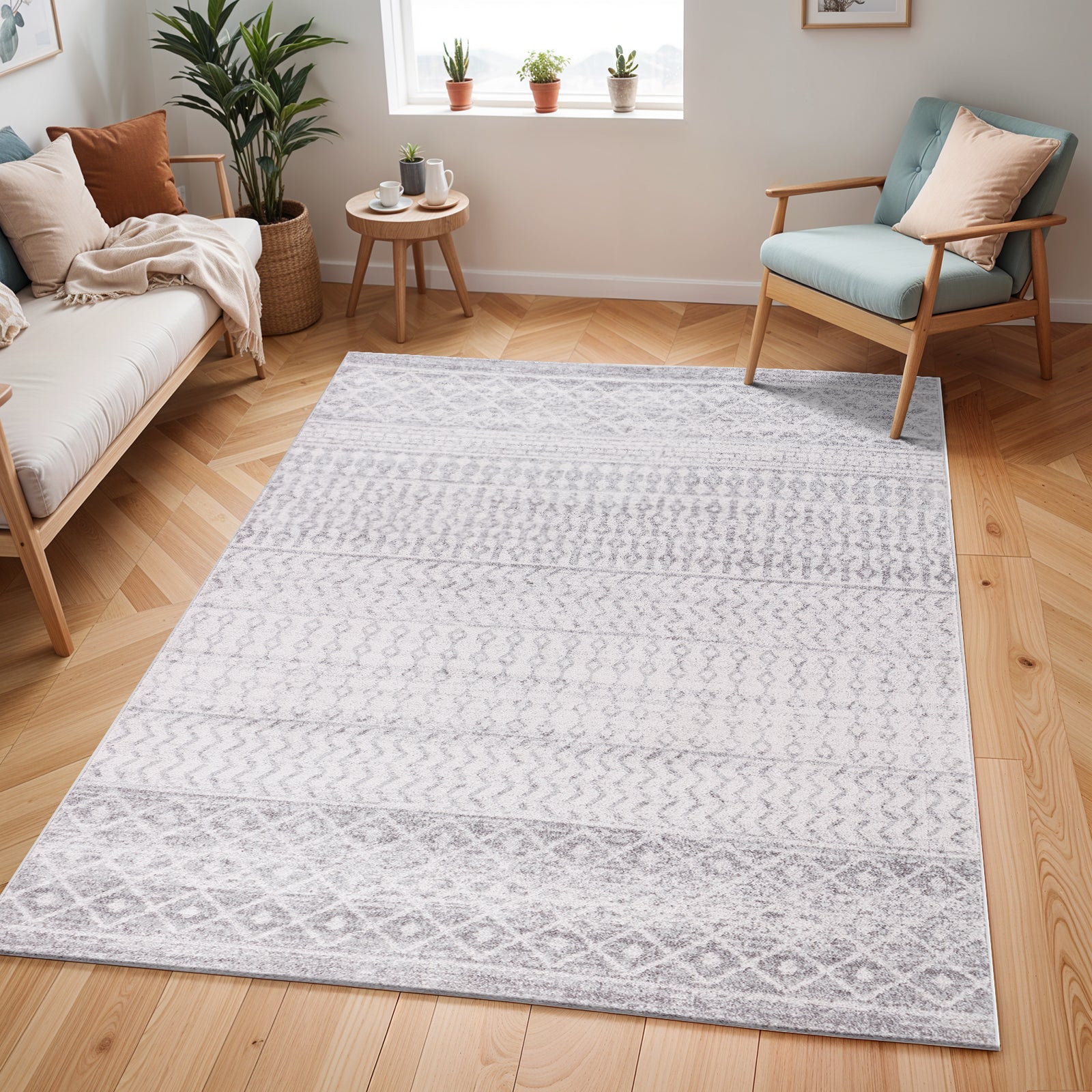 MILA Scandi Geometric Light Grey/White Area Rug Roomscene