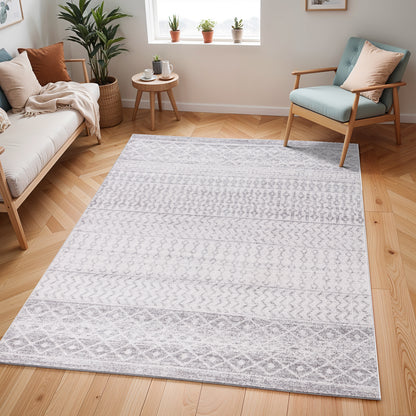 MILA Scandi Geometric Light Grey/White Area Rug Roomscene