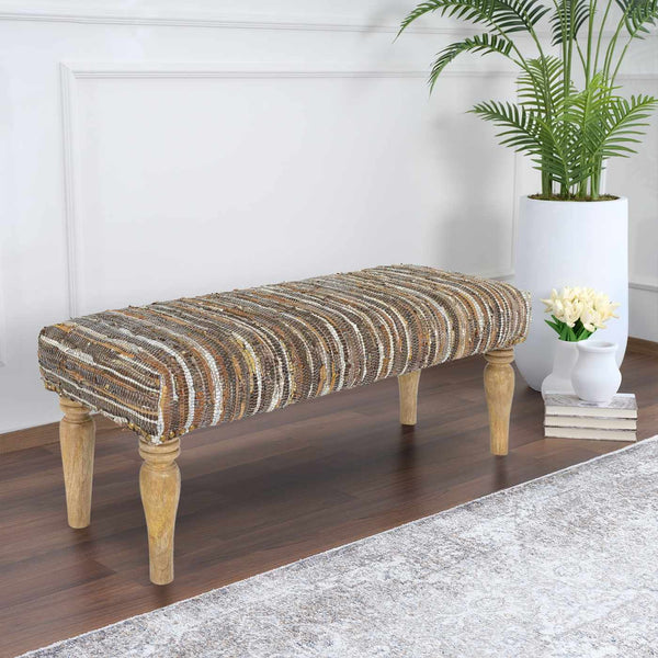 Bustos Leather Striped Wooden Base Bench