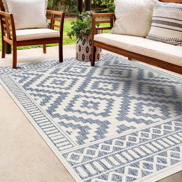 Feya Blue & Cream Outdoor Rug - Clearance